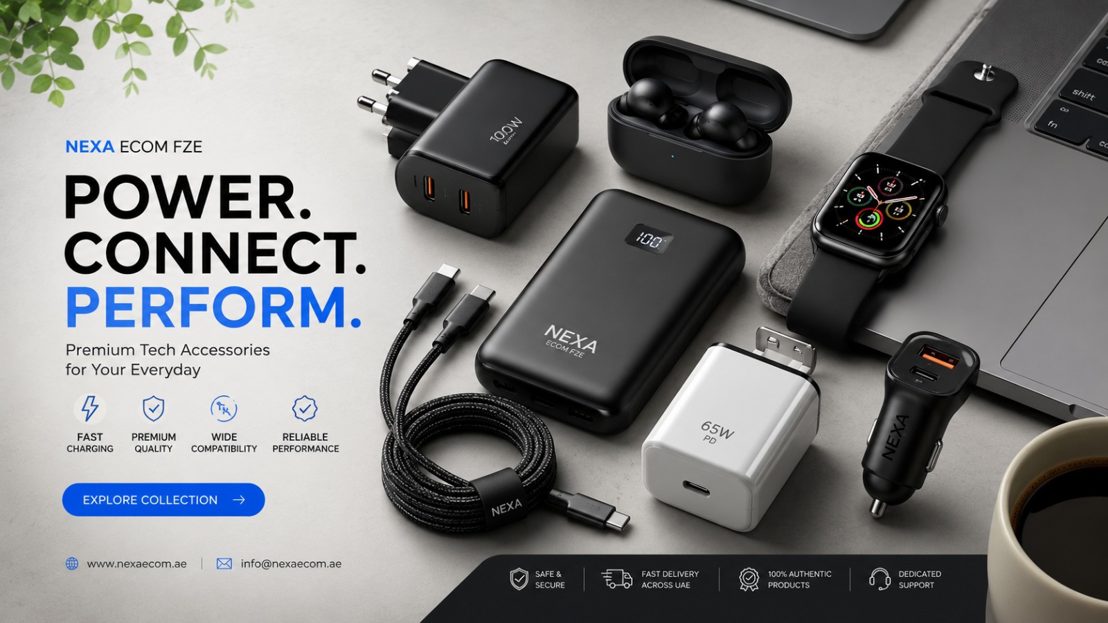 Nexa Ecom product showcase with chargers, earbuds, power banks, and accessories