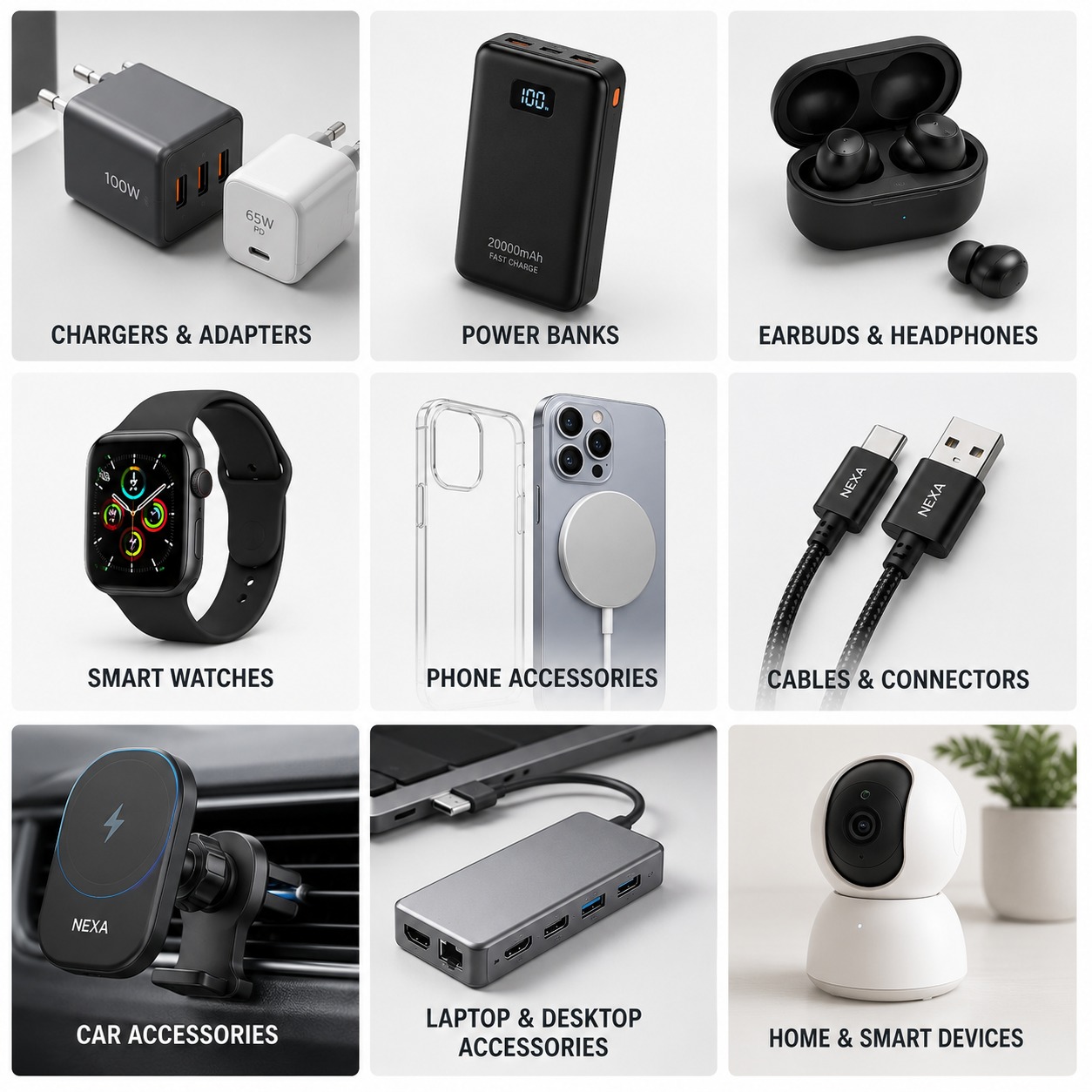 Nexa Ecom product categories including chargers, power banks, earbuds, smart watches, and accessories