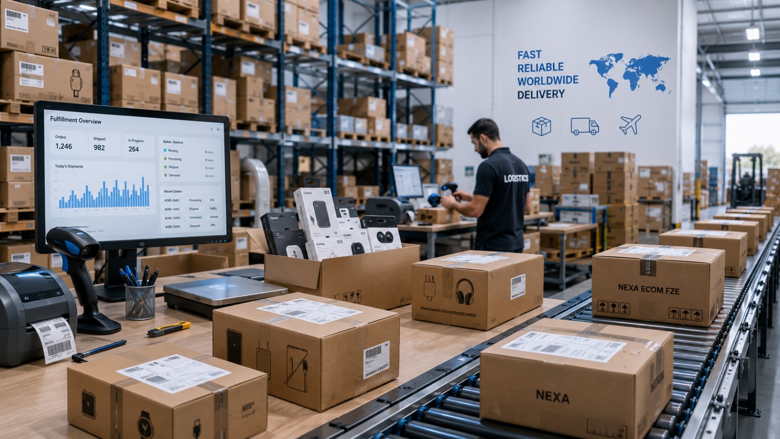 Nexa Ecom logistics floor with boxes, scanners, shelves, and shipping flow