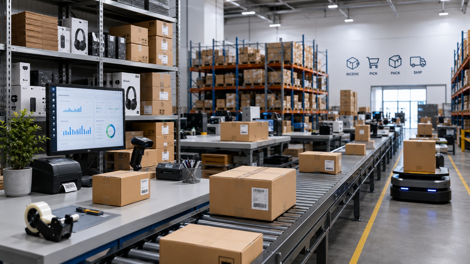 Nexa Ecom warehouse aisle with inventory shelves and packing stations